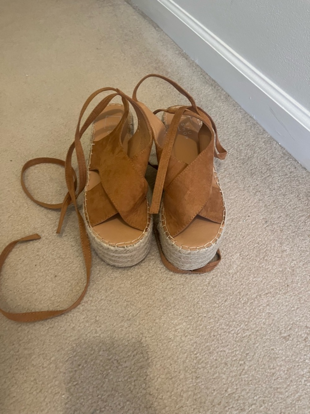 These three boutique suede camel brown wrap up espadrilles